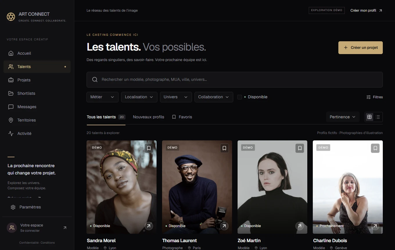 Aperçu de l’annuaire ART CONNECT : filtres de recherche et portfolios de profils de démonstration